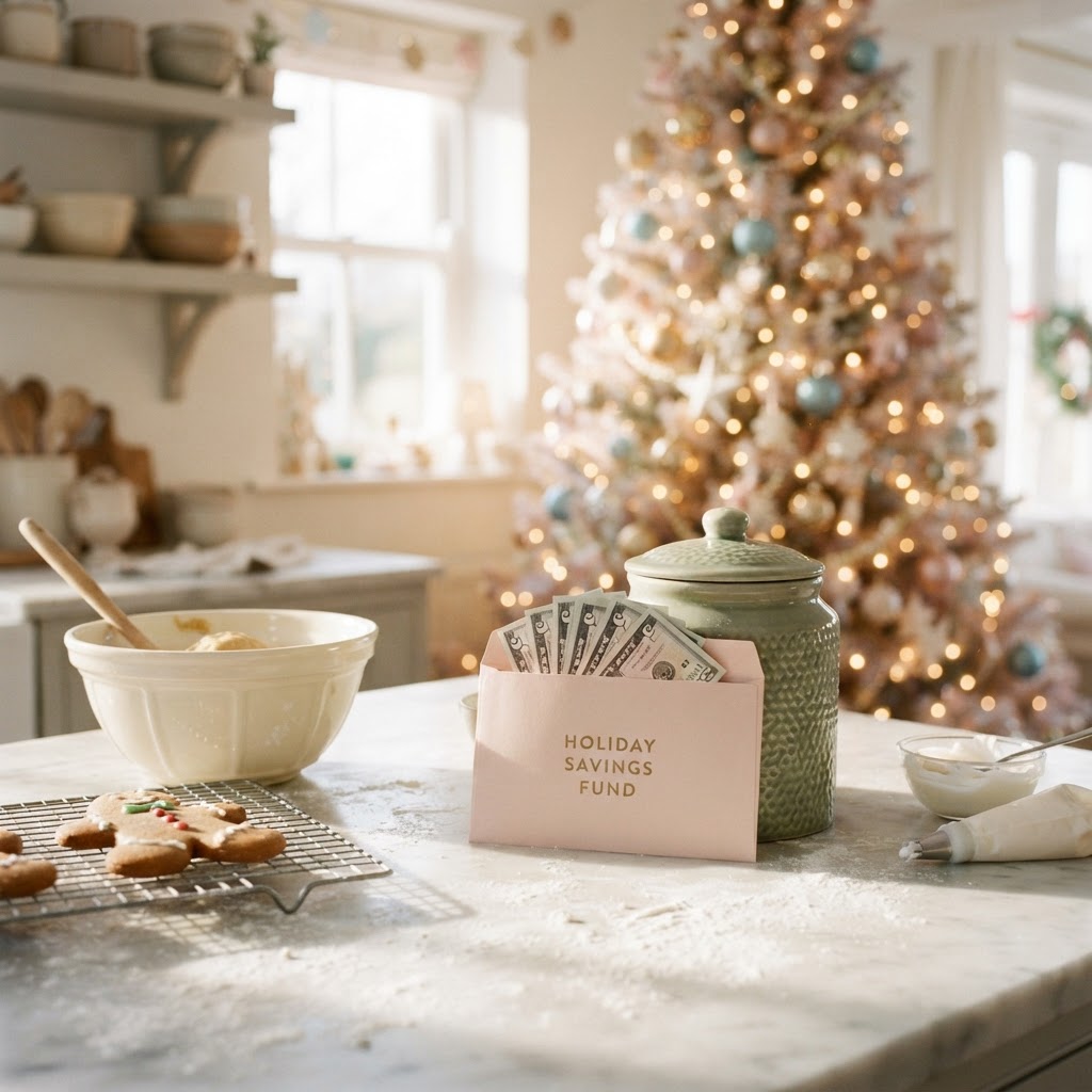 A pastel Christmas scene — a Holiday Savings envelope of cash beside a soft, decorated tree