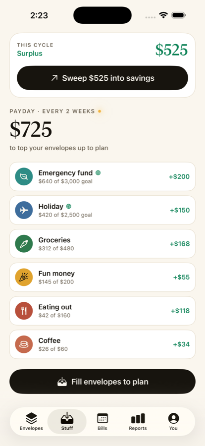 Tuckfly payday screen — fill every envelope to plan